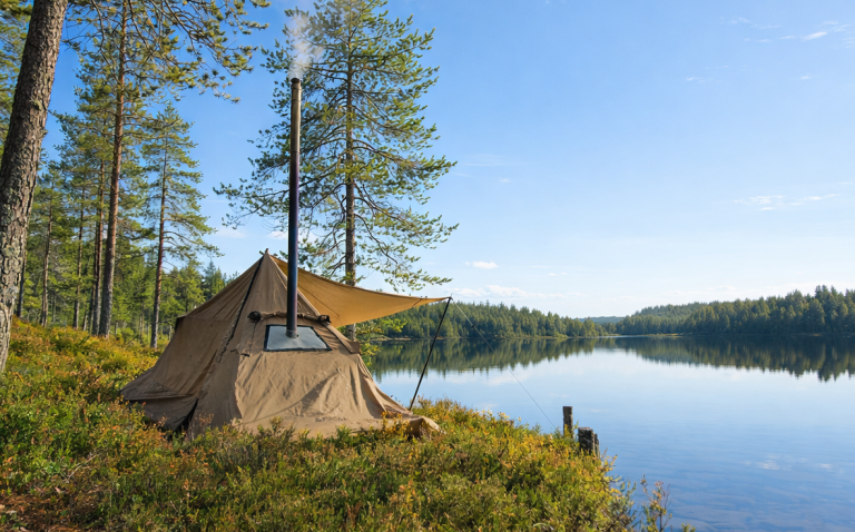 Vevor hot tent vid en sjö omgiven av granar under en klar blå himmel.