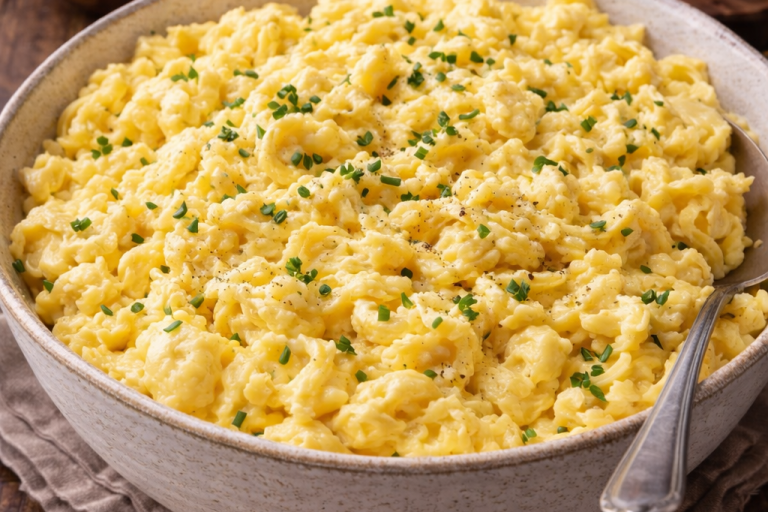 Krämiga scrambled eggs toppade med gräslök i en skål.