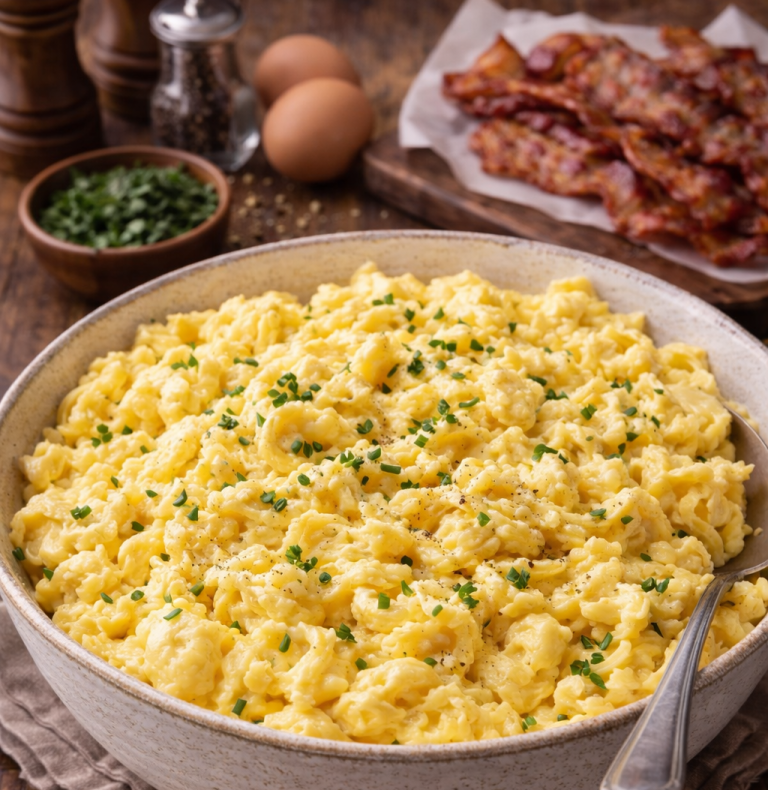 Krämiga scrambled eggs med gräslök, bacon och ingredienser i bakgrunden.