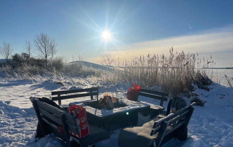 En vinterpicknick med snötäckta bänkar och bord, solens strålar i bakgrunden.
