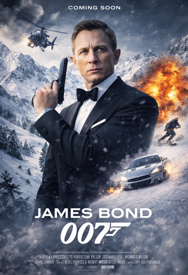 James Bond i Fjällen Daniel Craig som James Bond i en snöig miljö med en bil och helikopter.