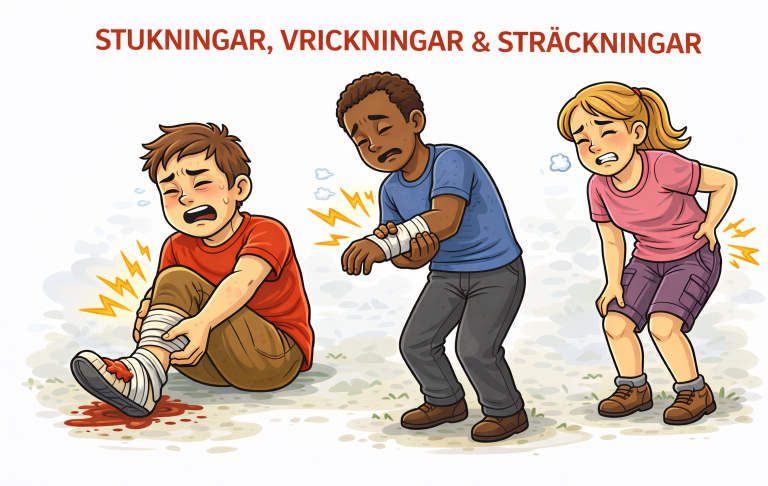 Tre personer visar olika typer av skador: stukning, vrickning och sträckning.