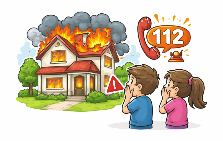 Barn ser på ett brinnande hus och ringer 112 för hjälp.