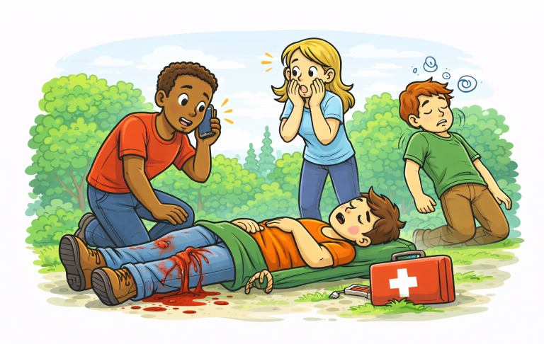 En pojke ligger skadad på marken medan tre andra personer reagerar.