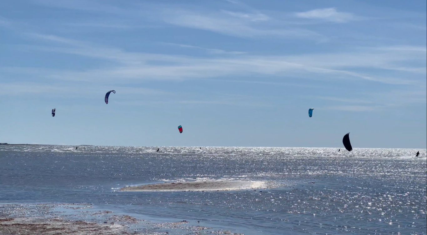 Kitesurfare Björkäng Flera kitesurfare på vattenytan med blå himmel och ljusa moln i bakgrunden.