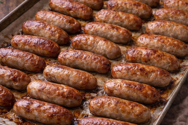 Grillade korvar på en plåt, gyllenbruna och välgrillade.