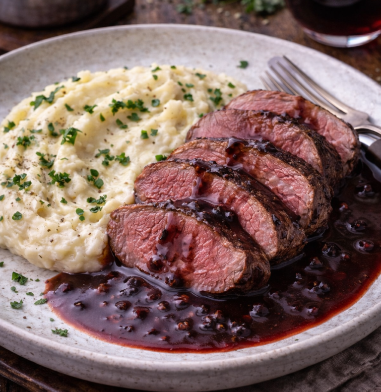 Grillad köttbit med rödvinsås och potatismos, garnerad med gräslök.