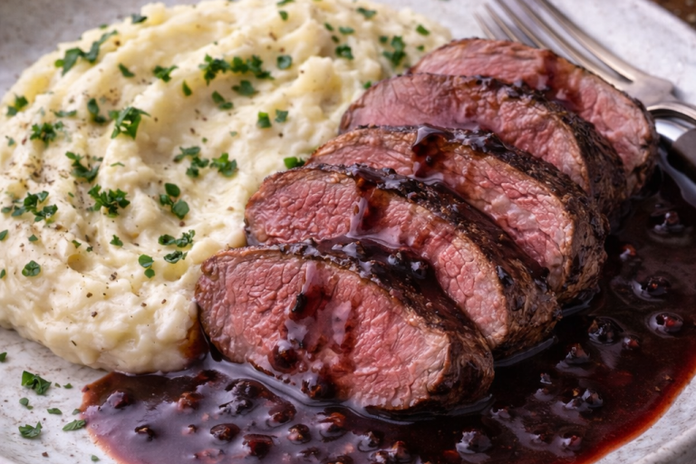 Skivad köttbit med sås och potatismos, garnerad med gräslök.