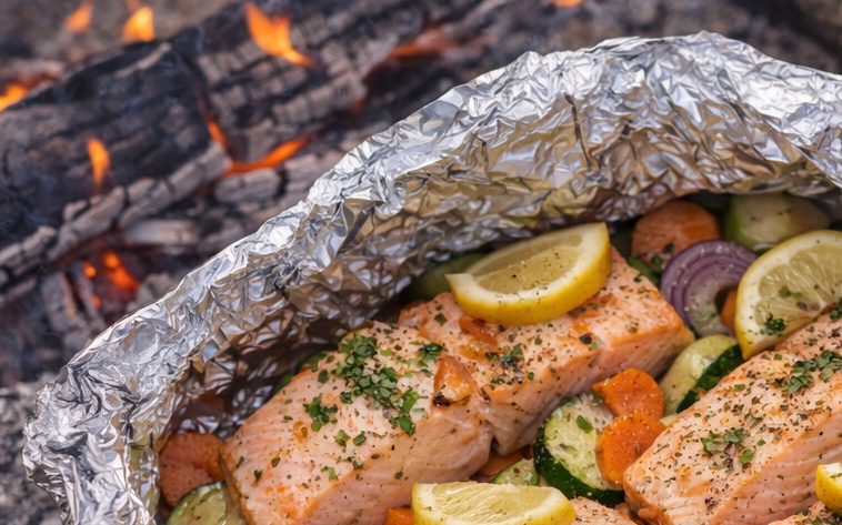 Grillad lax med grönsaker och citron, inlindad i aluminiumfolie över öppen eld.