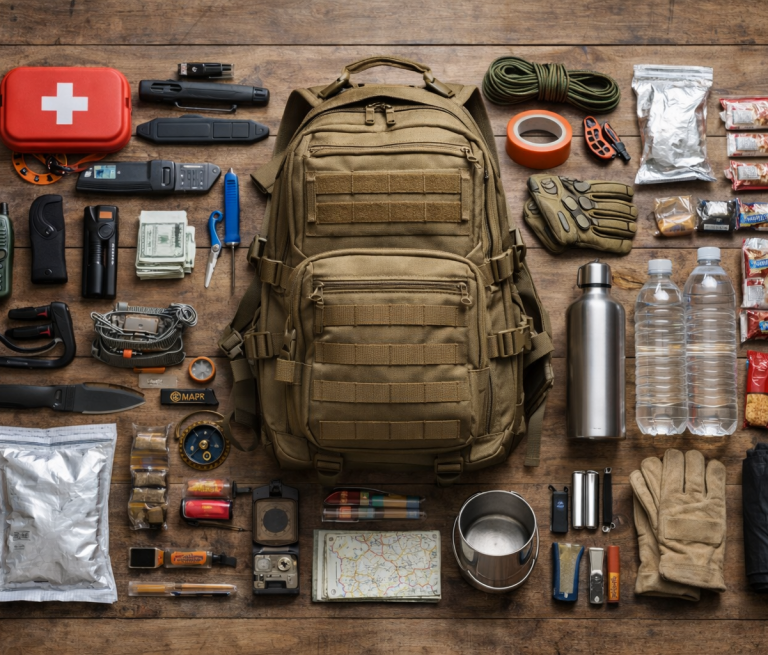 En taktisk ryggsäck omgiven av diverse utrustning som knivar, flaskor och förbandslåda.