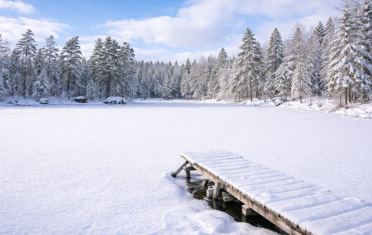 Snötäckt sjö med en träbrygga och omgivande vinterlandskap.