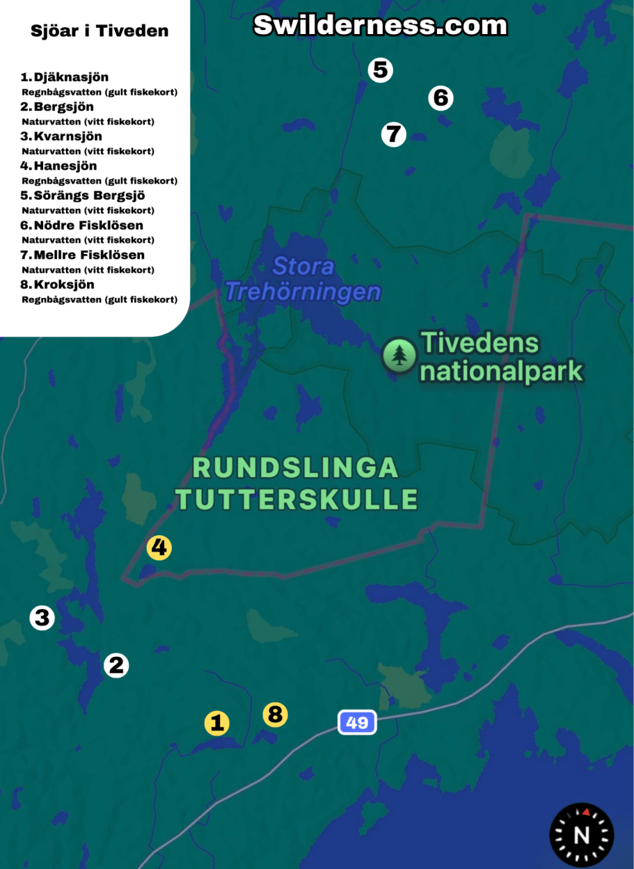 Karta över Tiveden nationalpark med markerade vandringsleder och intressanta platser och sjöar.