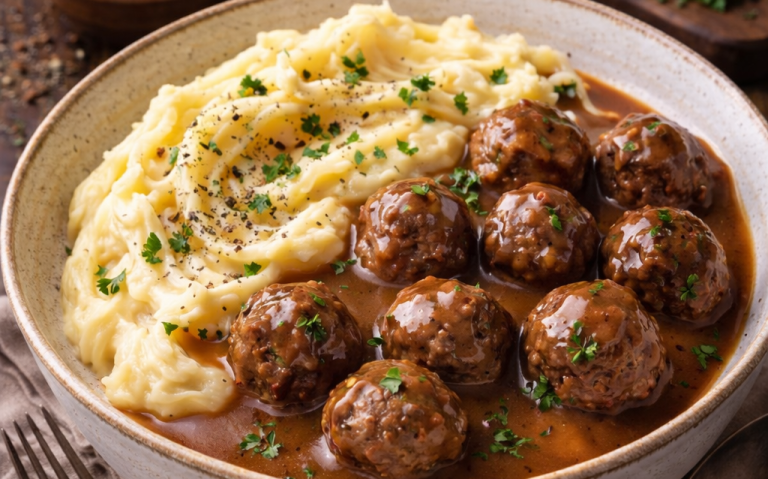 Köttbullar med gräddsås och potatismos, garnerat med gräslök.