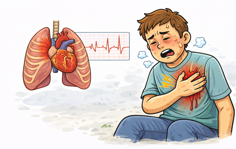 Pojke som håller sig om bröstet med oro, lungor och hjärta i bakgrunden.